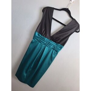 BCBG PARIS Sleeveless Roushed Waist Satin Cocktail Dress Womens 6 Black Teal